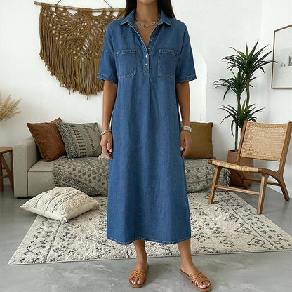 👗 50% OFF AGORA! 👖 Vestido Midi Jeans Casual com Bolsos – Tecido jeans macio e caimento relaxado – Bolsos funcionais, perfeito para o dia a dia – confortável e versátil ✨🌸