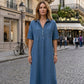 👗 50% OFF AGORA! 👖 Vestido Midi Jeans Casual com Bolsos – Tecido jeans macio e caimento relaxado – Bolsos funcionais, perfeito para o dia a dia – confortável e versátil ✨🌸