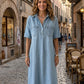 👗 50% OFF AGORA! 👖 Vestido Midi Jeans Casual com Bolsos – Tecido jeans macio e caimento relaxado – Bolsos funcionais, perfeito para o dia a dia – confortável e versátil ✨🌸