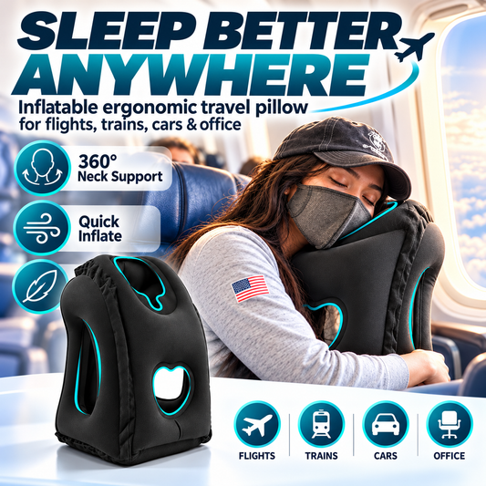 Almofada de viagem portátil, insuflável e ergonómica – Apoio para o pescoço a 360° e ângulo perfeito de 45° para viagens 💤