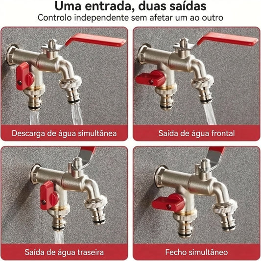 🔥Desconto de 50% no último dia!🔥Torneira de Jardim Universal em Aço Inoxidável com Duas Saídas – Válvulas Independentes, Resistente e de Fácil Instalação