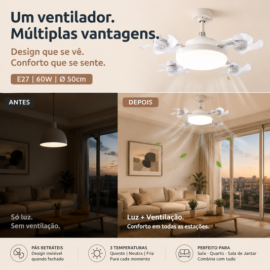 💡 50% DE DESCONTO – Ventilador de Teto 2 em 1 com Luz e Base E27 | Silencioso, com controlo remoto & economia de energia 🌀🏠