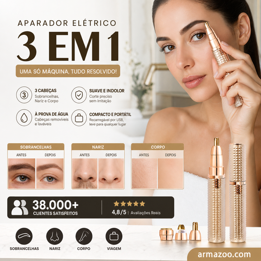 💆 DESCONTO LIMITADO DE 50%! Aparador elétrico recarregável 3 em 1 – Para sobrancelhas, pêlos do nariz e pêlos faciais, carregamento por USB