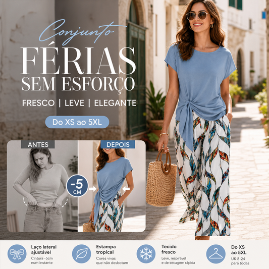 👚 50% DE DESCONTO AGORA! 🌸 Conjunto de top com laço lateral e calças estampadas para mulher – Corte solto e ajustável, perfeito para as férias de verão ou para usar em resorts 👖