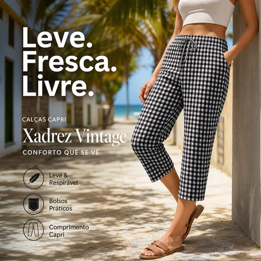 🌸 50% OFF – Capri xadrez feminina (tamanho até o joelho) | Perfeita para dias quentes, looks casuais e passeios
