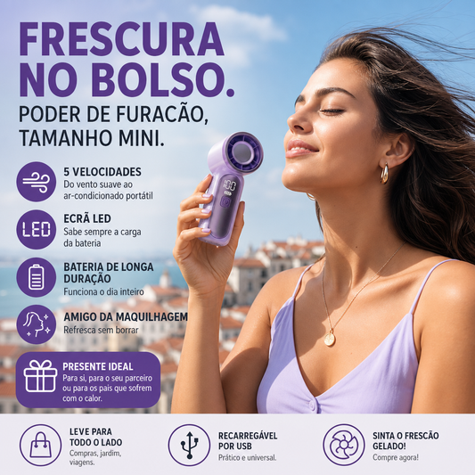 Mini-ventilador portátil com ecrã LED – 👍 Ventilador de bolso turbo com 5 velocidades. ✨ Recarregável por USB, refrigeração de alta velocidade para viagens e maquilhagem. O presente perfeito. Refrigeração portátil