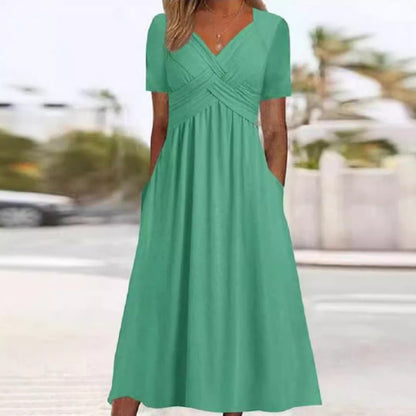 👗Vestidos longos de manga curta com decote em V para mulher💙