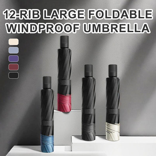 Large 12-Rib Windproof Folding Umbrell