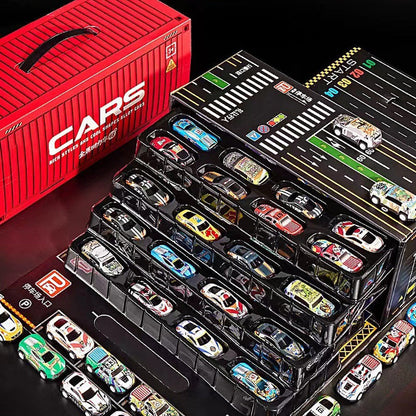 Conjunto com 48 miniaturas de carros de fricção e garagem integrada.