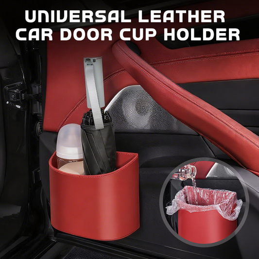 🥳 PROMOÇÃO QUENTE DE 2026 🥳💞 Mais de 50 mil unidades vendidas! 🚗🧺 66% de desconto! Suporte para copos em couro para a porta do carro – Abertura larga, fácil acesso a bebidas e ao telemóvel. Fixação segura com clipe. Couro PU, resistente e elegante. 🛡️✨