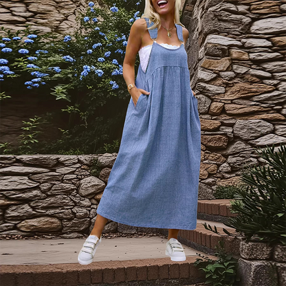 🔥Promoção por Tempo Limitado 50% DE DESCONTO!🔥Vestido Jardineira Casual de Senhora - Corte Solto com Bolsos Laterais