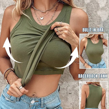 🔥Promoção - 49% de desconto✨Top de malha canelada para mulher com sutiã integrado