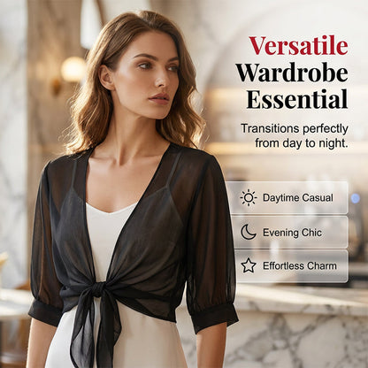 🦋 50% DE DESCONTO AGORA!🌿 Top feminino de chiffon com laço à frente – Transparente, curto e elegante – Peça essencial para sobrepor no verão 🍃
