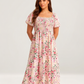 ⏰Promoção de Verão: 70% de desconto💃Vestido midi com decote quadrado, smock floral e bolso