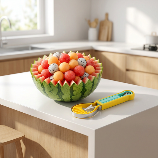 ✨ Melhore a sua forma de preparar fruta — O conjunto multifuncional 3 em 1 com colher para bolas de melão e faca para esculpir! ✨
