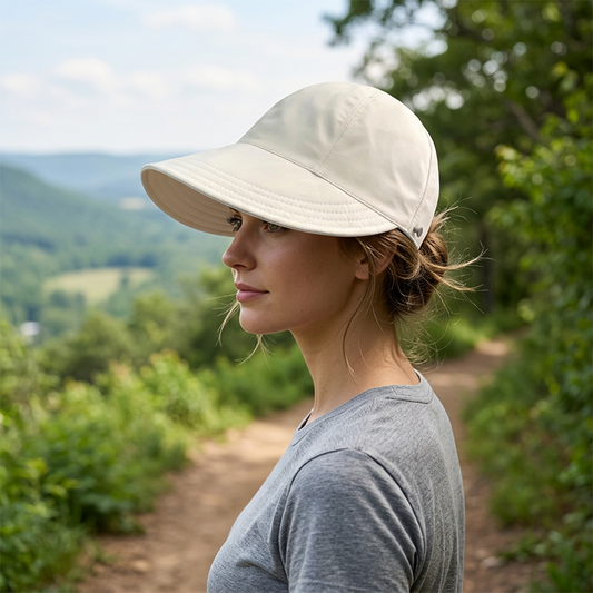 Chapéu de sol elegante e dobrável para mulher com UPF 50+ – Chapéu de alça largo de algodão com aba para o pescoço e alça ajustável 🌞🇬🇧 | Compacto, respirável e pronto para a praia