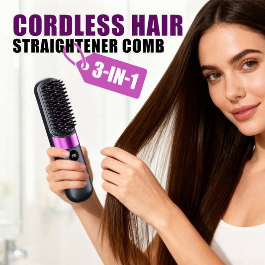 ⏳⏰Promoção das últimas 4 horas💇‍♀️Pente alisador sem fios 3 em 1 – recarregável por USB, temperatura ajustável, dentes anti-queimaduras, design portátil ideal para viagens. Indispensável para o penteado diário das mulheres!