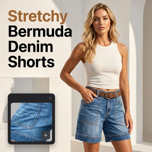 🩳Novidade com 50% de desconto💐 Calções de ganga Bermuda que estão a dar que falar – Cobrem as coxas para te darem confiança e têm um corte elástico de cintura média ✨
