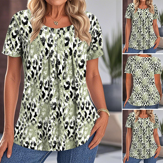 ⏳ Desconto de 49% por tempo limitado! 🔥Top casual feminino com estampado, gola redonda e manga curta
