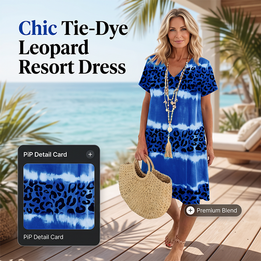 Vestido casual feminino com decote em V, estampado em leopardo e efeito tie-dye