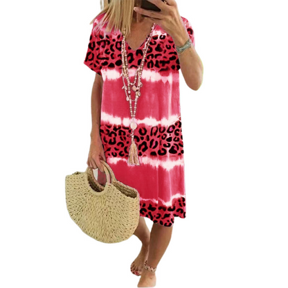 Vestido casual feminino com decote em V, estampado em leopardo e efeito tie-dye