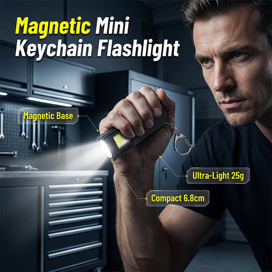 💥 [50% OFF Tempo Limitado] 🔥 Lanterna Mini Chaveiro Magnética | Ultraleve (25g) | Base Magnética Industrial | Luz de Aviso Vermelha e Azul | Iluminação Mãos Livres | Ideal para Camping, Reparos e Emergências