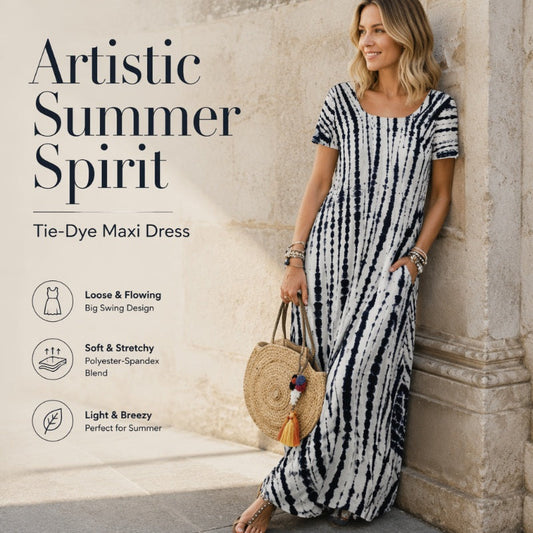 Tendências do momento⭐💃 Vestido midi esvoaçante com efeito tie-dye e caimento elegante – Um estilo versátil para férias e passeios pela cidade