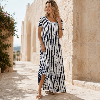 Tendências do momento⭐💃 Vestido midi esvoaçante com efeito tie-dye e caimento elegante – Um estilo versátil para férias e passeios pela cidade
