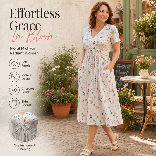 Vestido feminino com decote em V, padrão floral e cintura torcida
