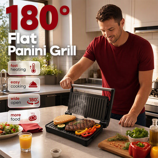 🍳 50% OFF AGORA! Sanduicheira Elétrica e Grill Panini com Grelha Plana 180°, Antiaderente de Aquecimento Rápido para Bifes, Hambúrgueres e Torradas