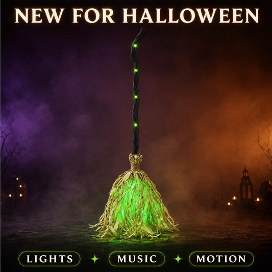 🧙 Vassoura de Bruxa Animada para Halloween com Luzes e Som