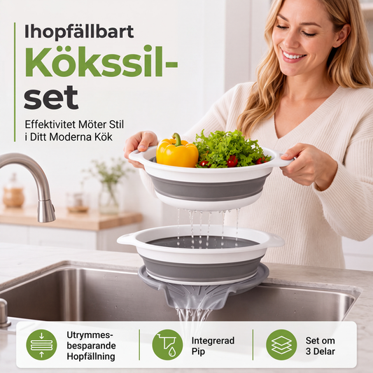 ⏳ ÚLTIMO DIA DE PROMOÇÃO 50% OFF! 🥗 Conjunto de 3 Escorredores Dobráveis com Base de Drenagem – Escorredores de Cozinha Dobráveis com Alças Duplas, Base Integrada e Armazenamento Compacto – para Frutas, Massas e Legumes 🍝