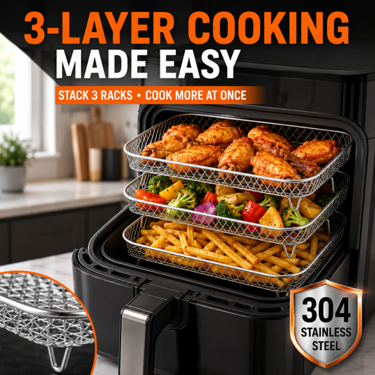 Grelha Empilhável 3 Camadas em Aço Inoxidável 304 para Air Fryer, Cesta de Grelha e Suporte para Torradas para Asas de Frango e Torradas, Suporte de Cozinha para Acessórios de Grelha Interna, Acessórios de Churrasco