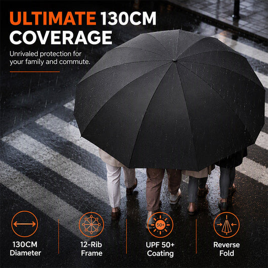 ☂️50% DE DESCONTO! Guarda-Chuva Dobrável Extragrande – 130cm 12 Varetas Antivento, Dobra Invertida e Proteção UV UPF50+