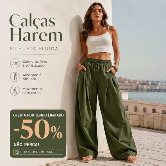 Calças Balão Volumosas com Pregas e Bolsos